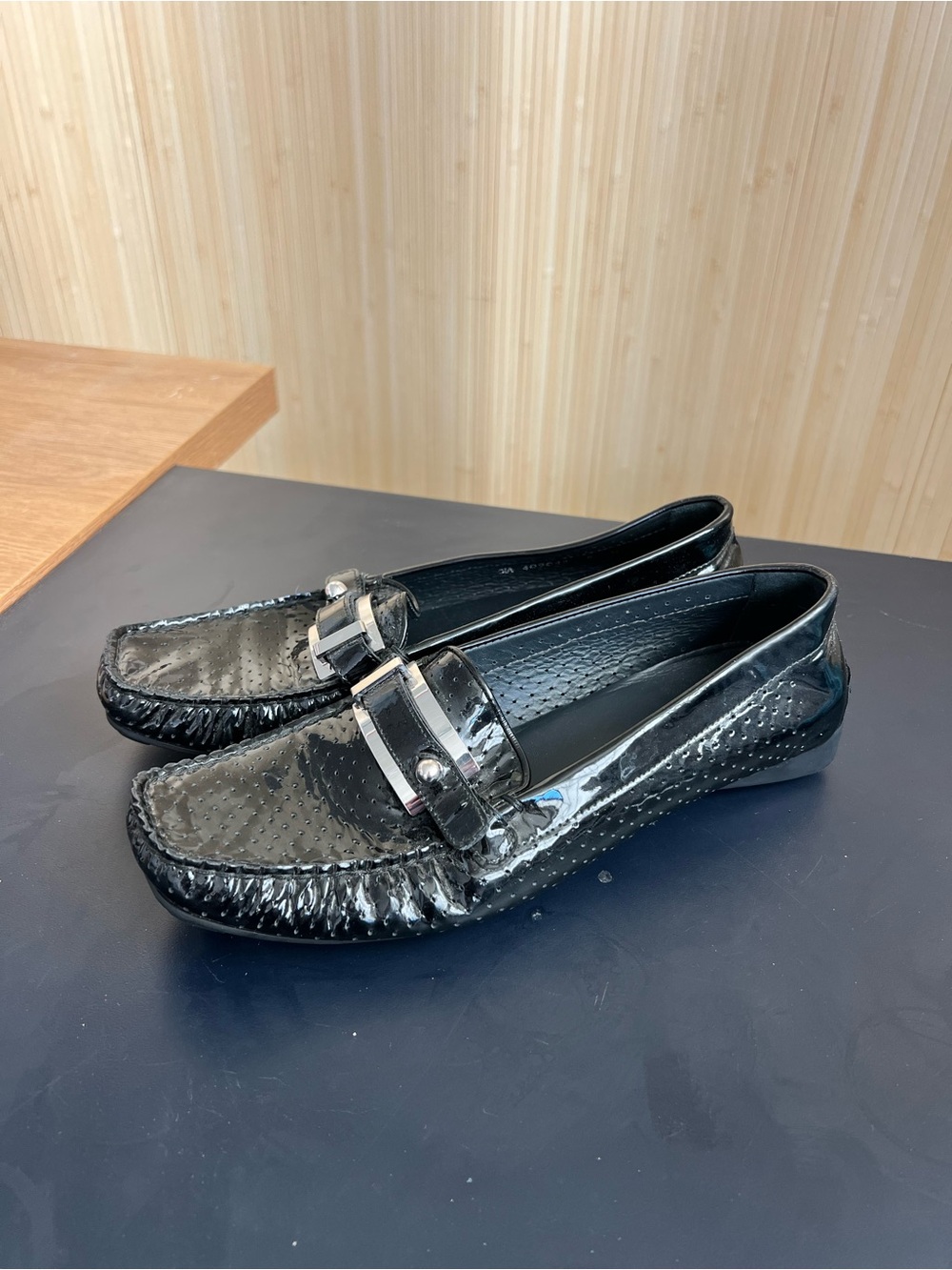 Stuart Weitzman Black Patent Leather Loafers with Silver Accent